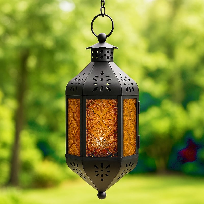 Vela Lanterns 11.5" Hanging Moroccan Decorative Candle Lantern Lamp â€“ Indoor/Outdoor Tea Light Candle Holder for Patio, Porch, Ramadan or Home Decor, Amber Orange - Image 1
